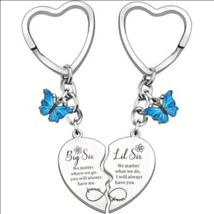 Sentimental Sister 2 Piece Heart Keychain with Blue Butterfly Charm. NEW!